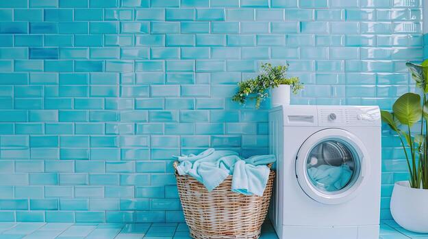 A front-loading washing machine and a basket of towels against a blue tiled wall